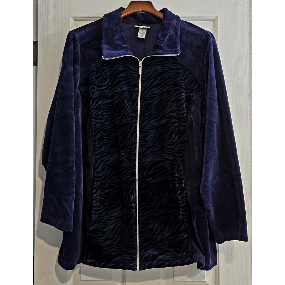 CATHERINES 3X 26W 28W Velour Zip Track Jacket Purple Zebra Print Pockets Cozy